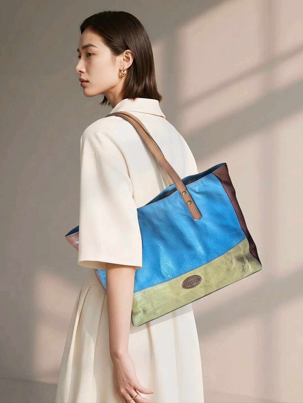 Fossil Colour Block Leather Tote Bag